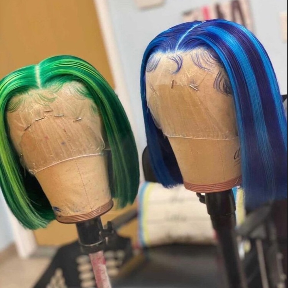 Pink and green  Lace Front bob Wig 13x4 Hd Frontal Wigs 250% Human Hair Wig